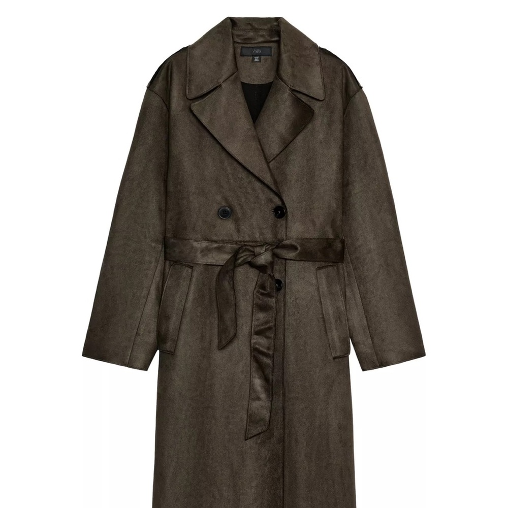 Zara Dark Brown Double-Breasted Trench Coat with Tie Belt